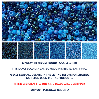 Mix of Miyuki seed beads in shades of blue with color swatches and product details.