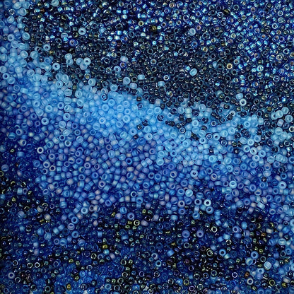 Mix of Miyuki seed beads in shades of blue with color swatches at the bottom.