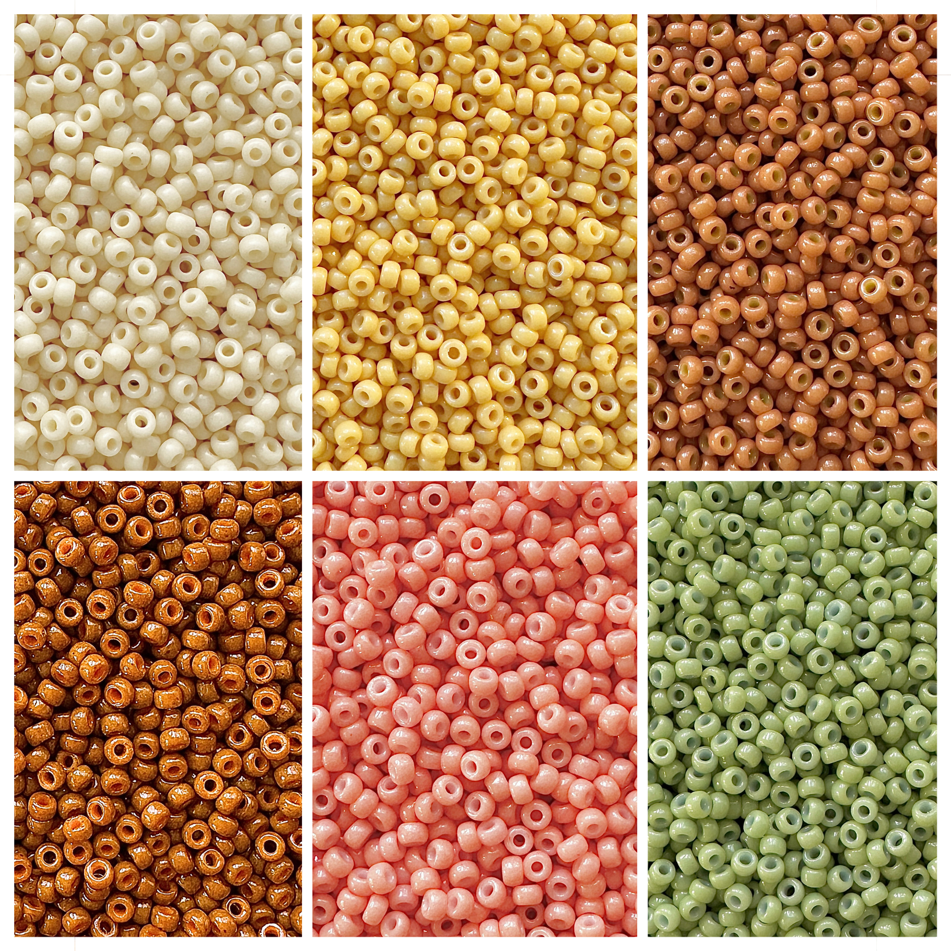 Miyuki seed beads in shades of shades of cream, peach, brown, peach, and green for a Gingerbread Miyuki Bead Color Palette.