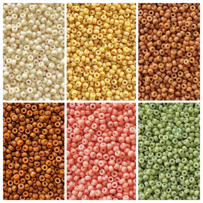 Miyuki seed beads in shades of shades of cream, peach, brown, peach, and green for a Gingerbread Miyuki Bead Color Palette.