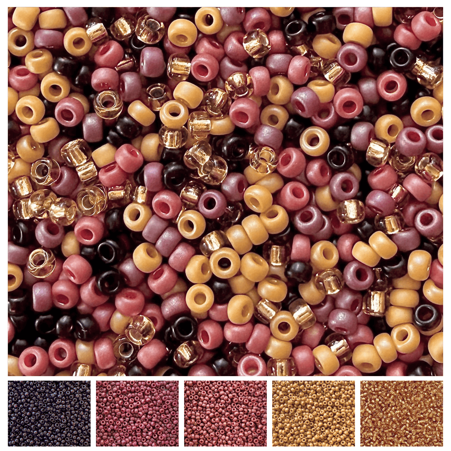 Mix of colorful seed beads in sunset colors with the individual colors in the mix displayed at the bottom.