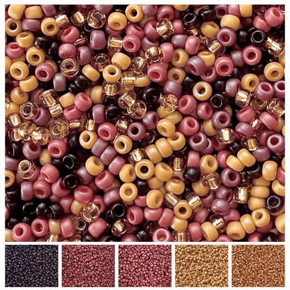 Mix of colorful seed beads in sunset colors with the individual colors in the mix displayed at the bottom.