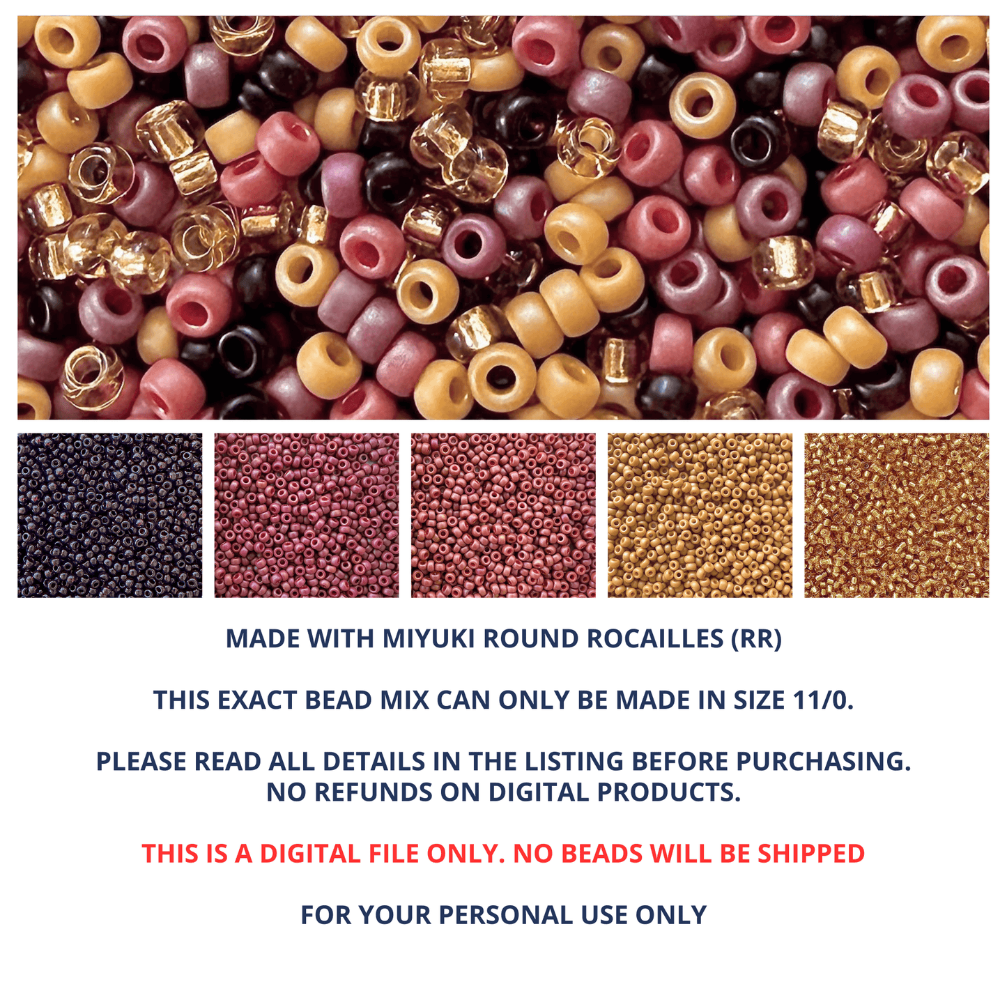 Golden Hour Miyuki seed bead mix and color palette with information about the product.