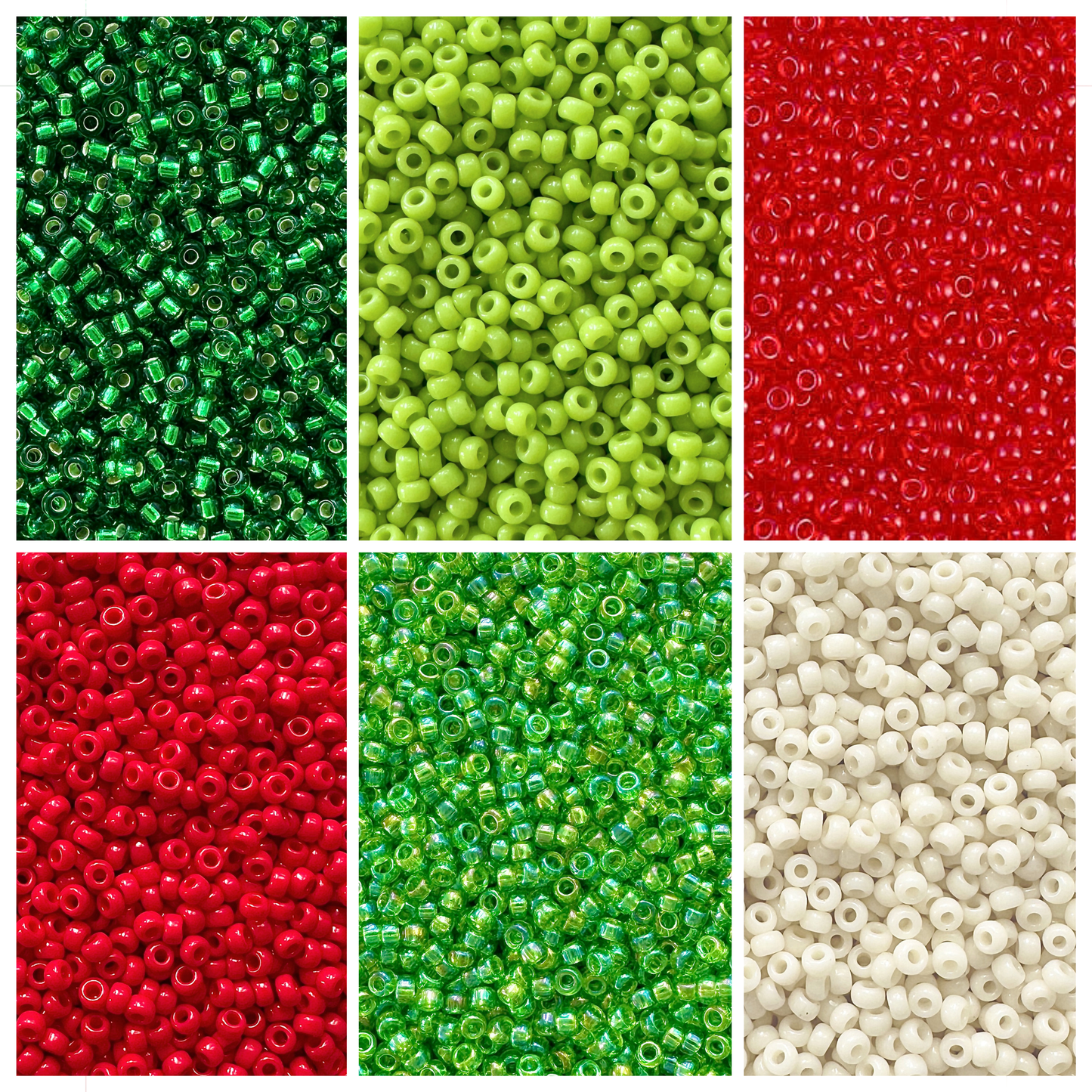 Miyuki seed beads in shades of green, red, and cream for a Grinch Miyuki Bead Color Palette.