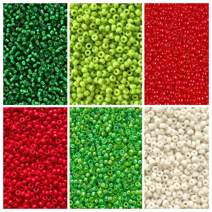 Miyuki seed beads in shades of green, red, and cream for a Grinch Miyuki Bead Color Palette.