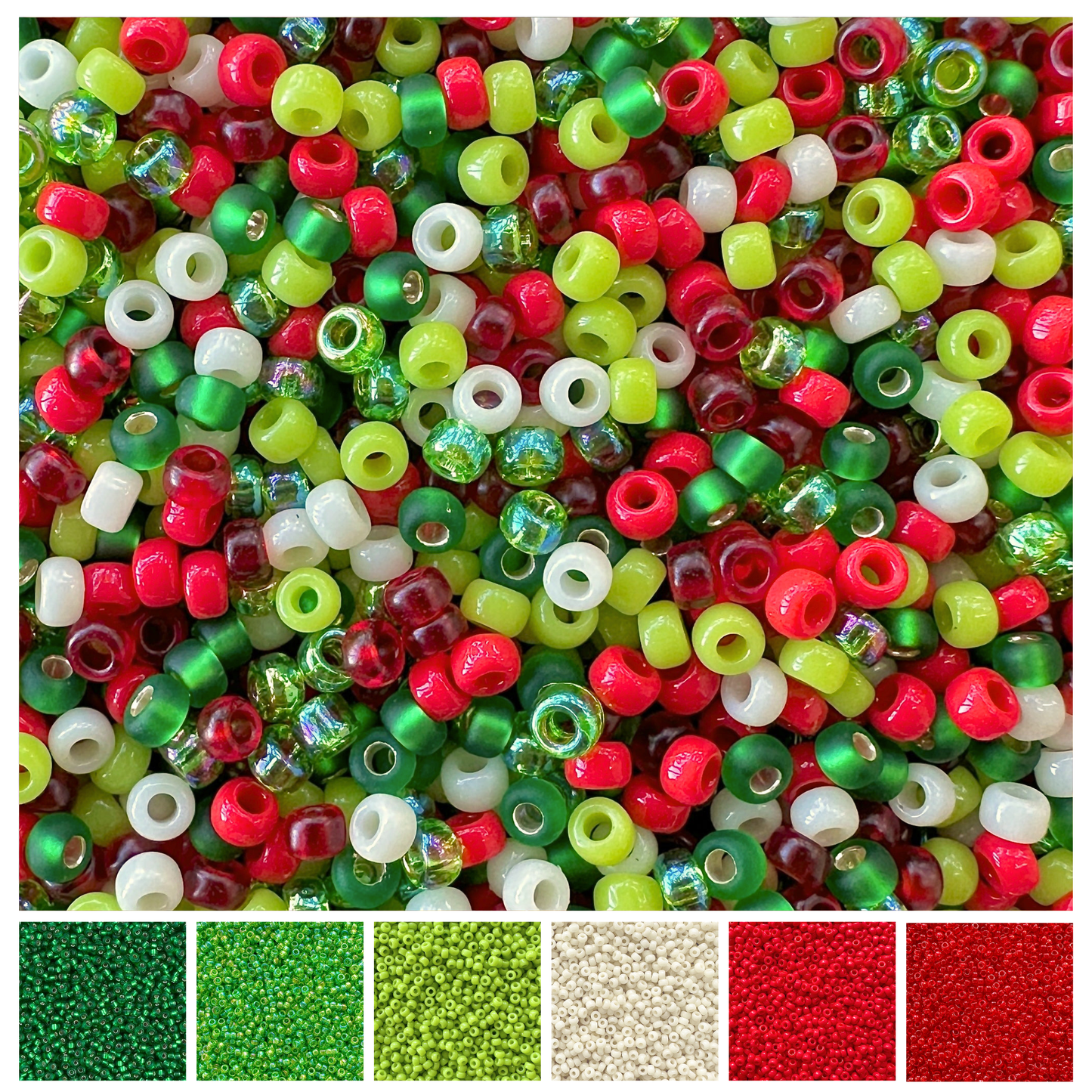 Mix of Miyuki seed beads in shades of green, red, and cream for a Grinch Miyuki Bead Color Palette.