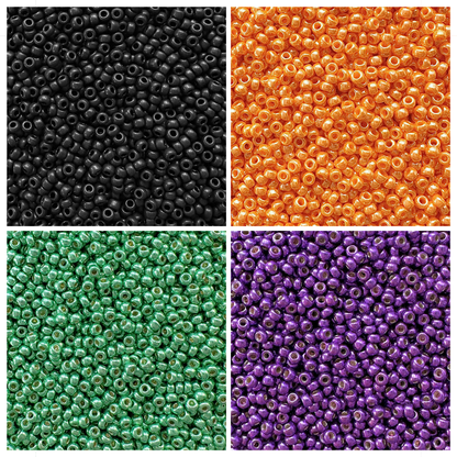 Miyuki seed beads in shades of black, orange, green, and purple,