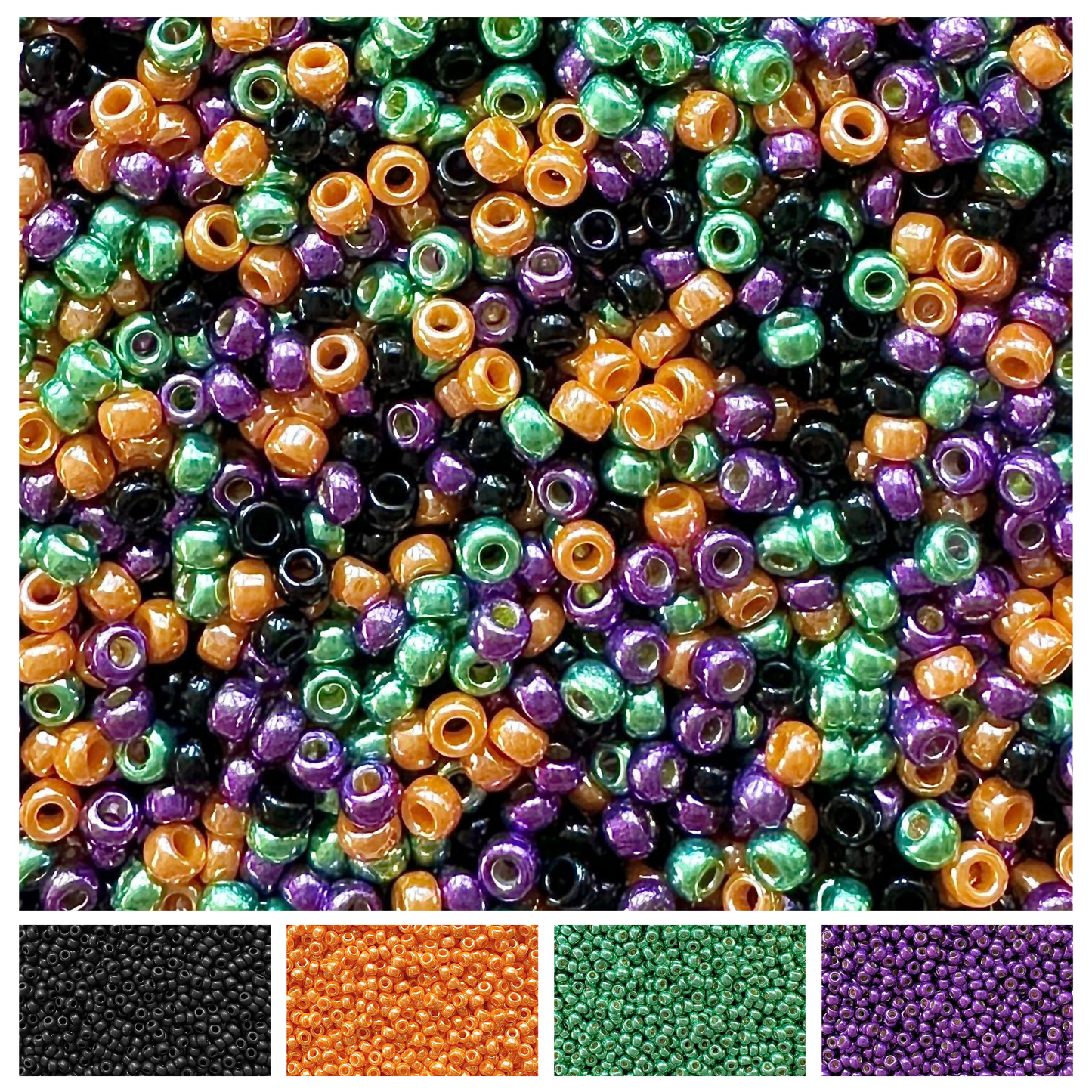 Mix Miyuki seed beads in shades of black, orange, green, purple with color swatches at the bottom.
