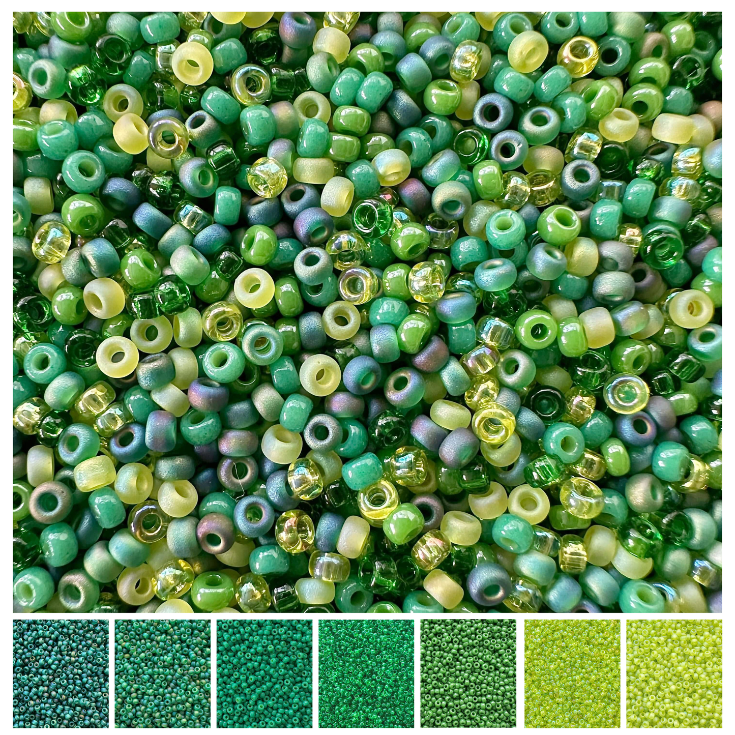 Mix of Miyuki seed beads in shades of green and yellow with color swatches at the bottom.