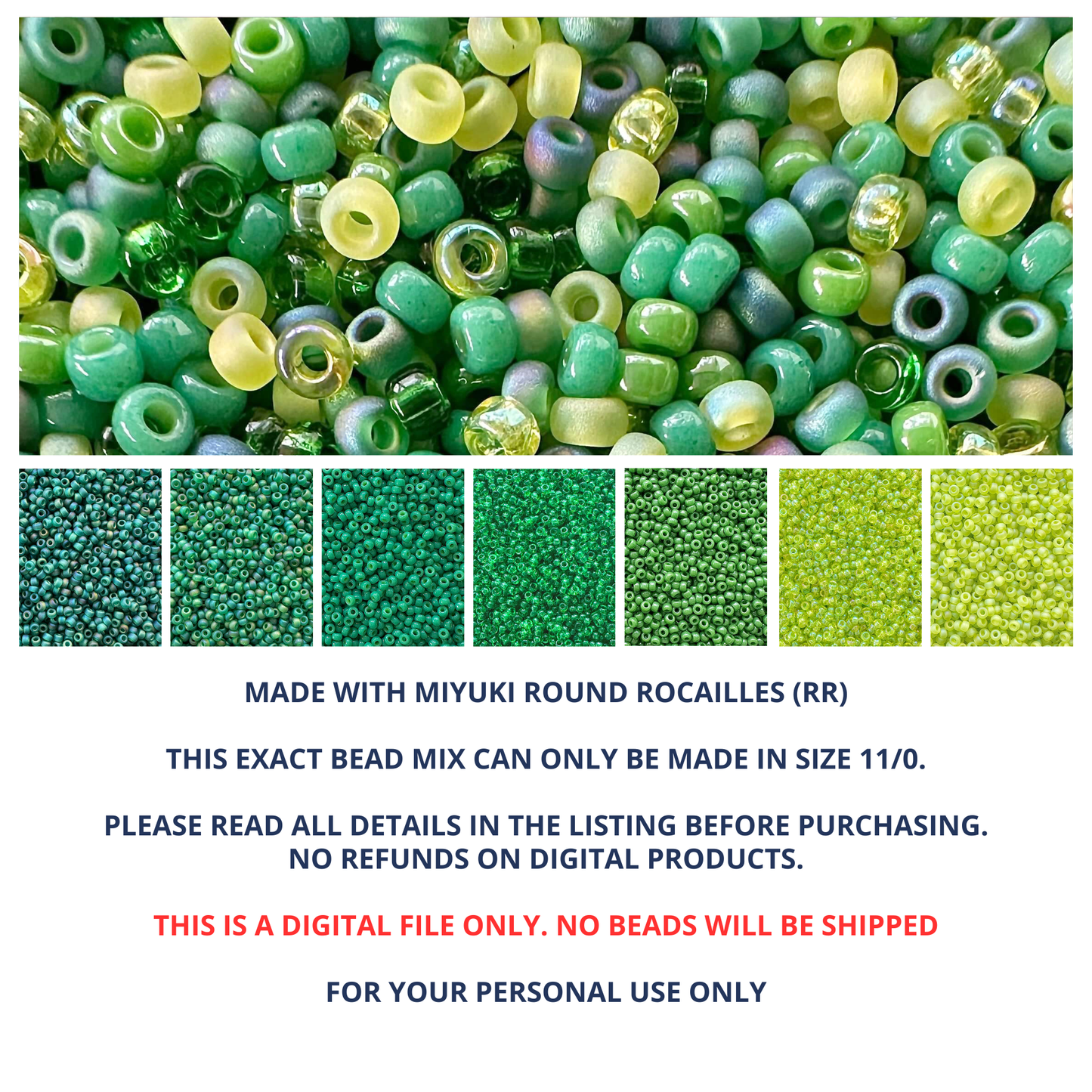 Mix of Miyuki seed beads in shades of green and yellow with color swatches and product details.