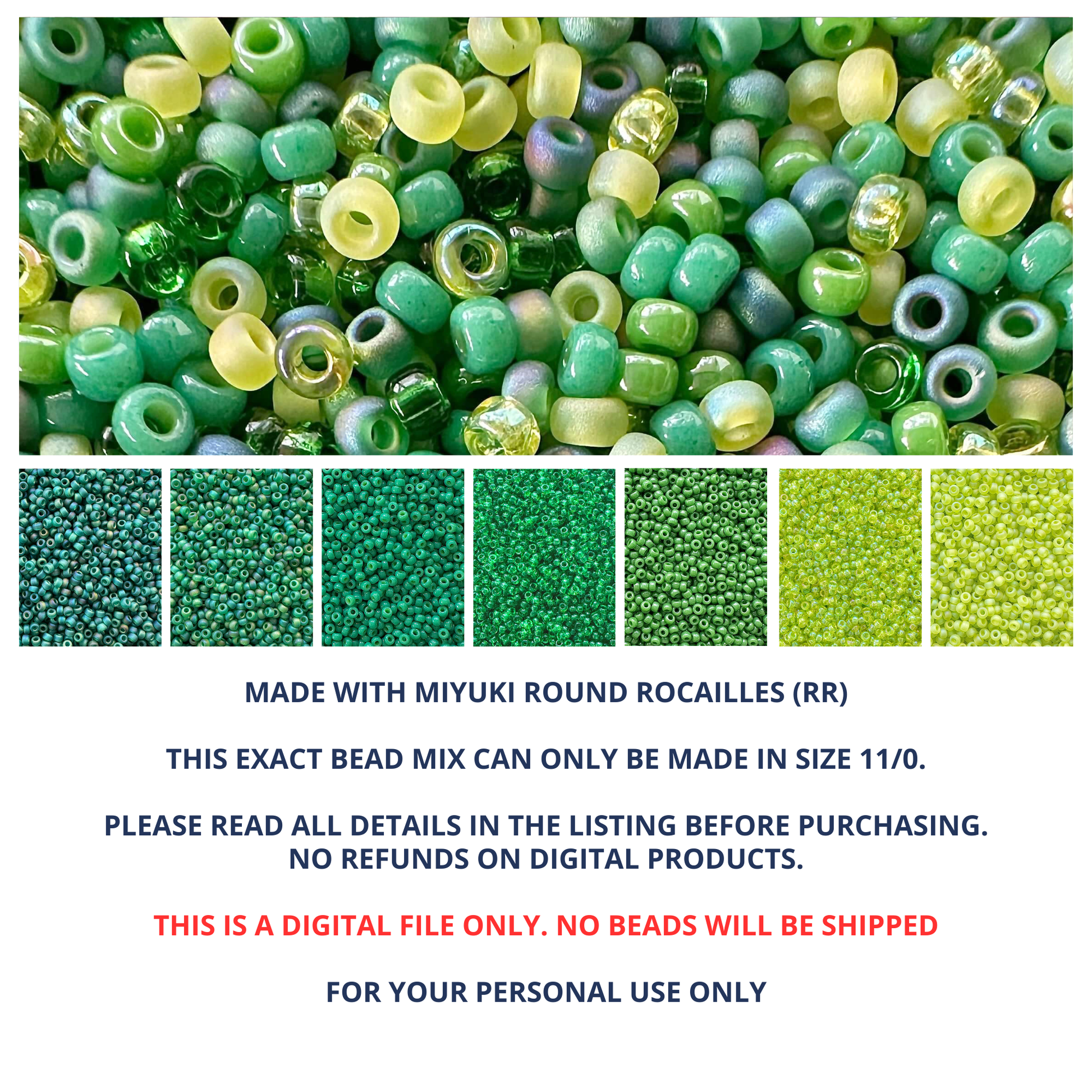 Mix of Miyuki seed beads in shades of green and yellow with color swatches and product details.