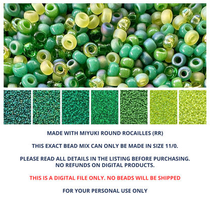 Mix of Miyuki seed beads in shades of green and yellow with color swatches and product details.