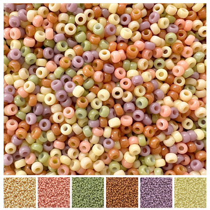Mix of Miyuki seed beads in shades of cream, peach, green, purple, brown, and yellow with color swatches at the bottom.