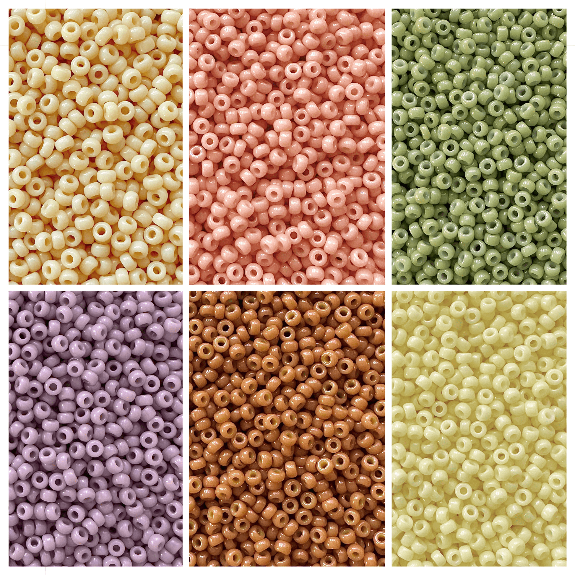 Miyuki seed beads in shades of cream, peach, green, purple, brown, and yellow.