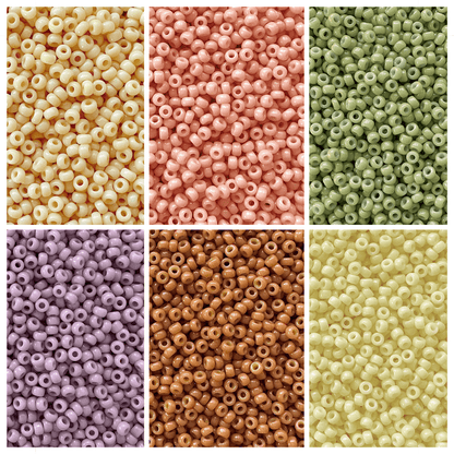 Miyuki seed beads in shades of cream, peach, green, purple, brown, and yellow.