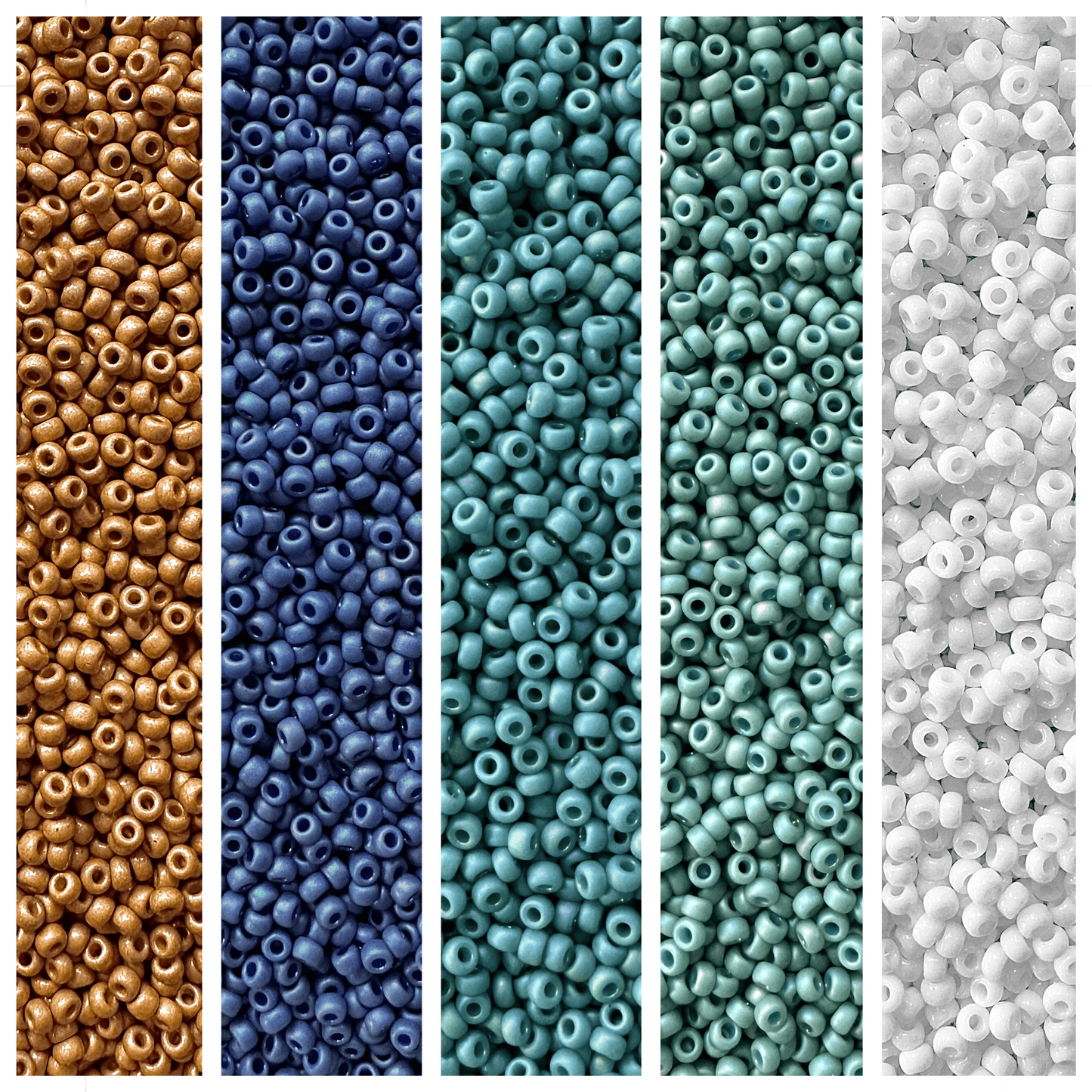 Matte gold, blue, turquoise, teal, and white Miyuki seed beads displayed vertically.
