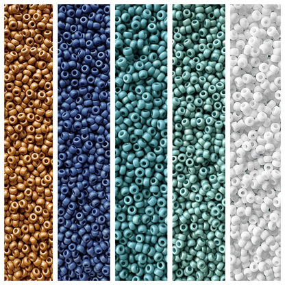 Matte gold, blue, turquoise, teal, and white Miyuki seed beads displayed vertically.