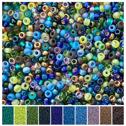 Mix of Miyuki seed beads in shades of green, blue, purple, brown, and gold with color swatches at the bottom.