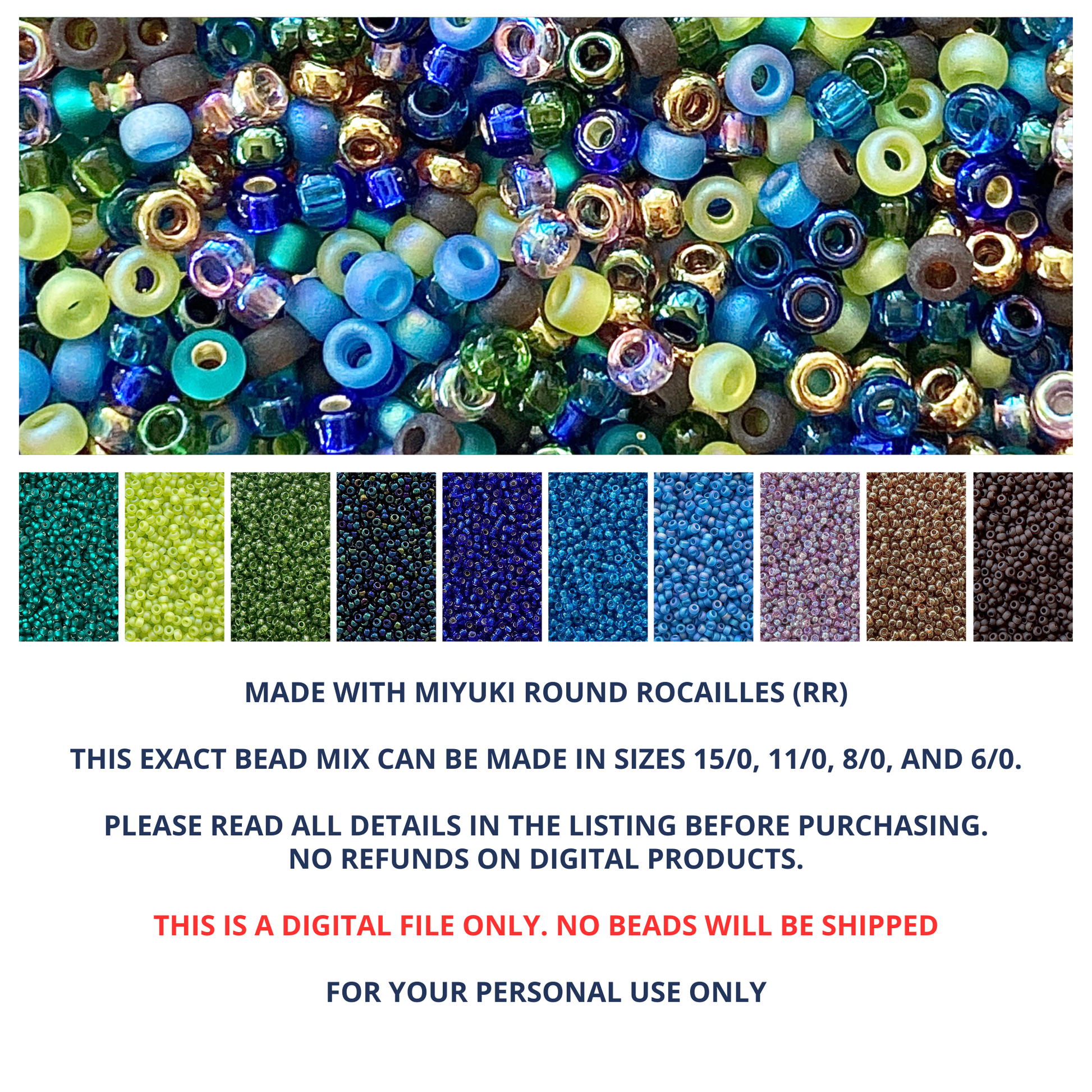 Mix of Miyuki seed beads in shades of green, blue, purple, brown, and gold with color swatches and product details.