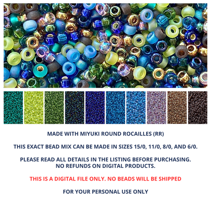 Mix of Miyuki seed beads in shades of green, blue, purple, brown, and gold with color swatches and product details.