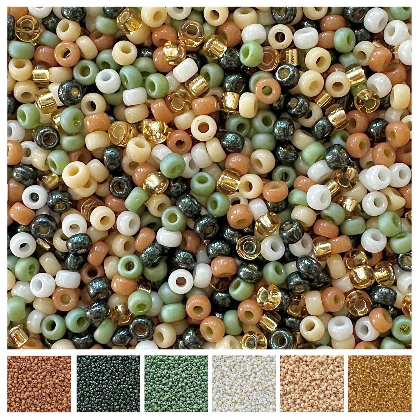 Mix of Miyuki seed beads in shades of green, gold, cream, brown, and white with color swatches at the bottom.