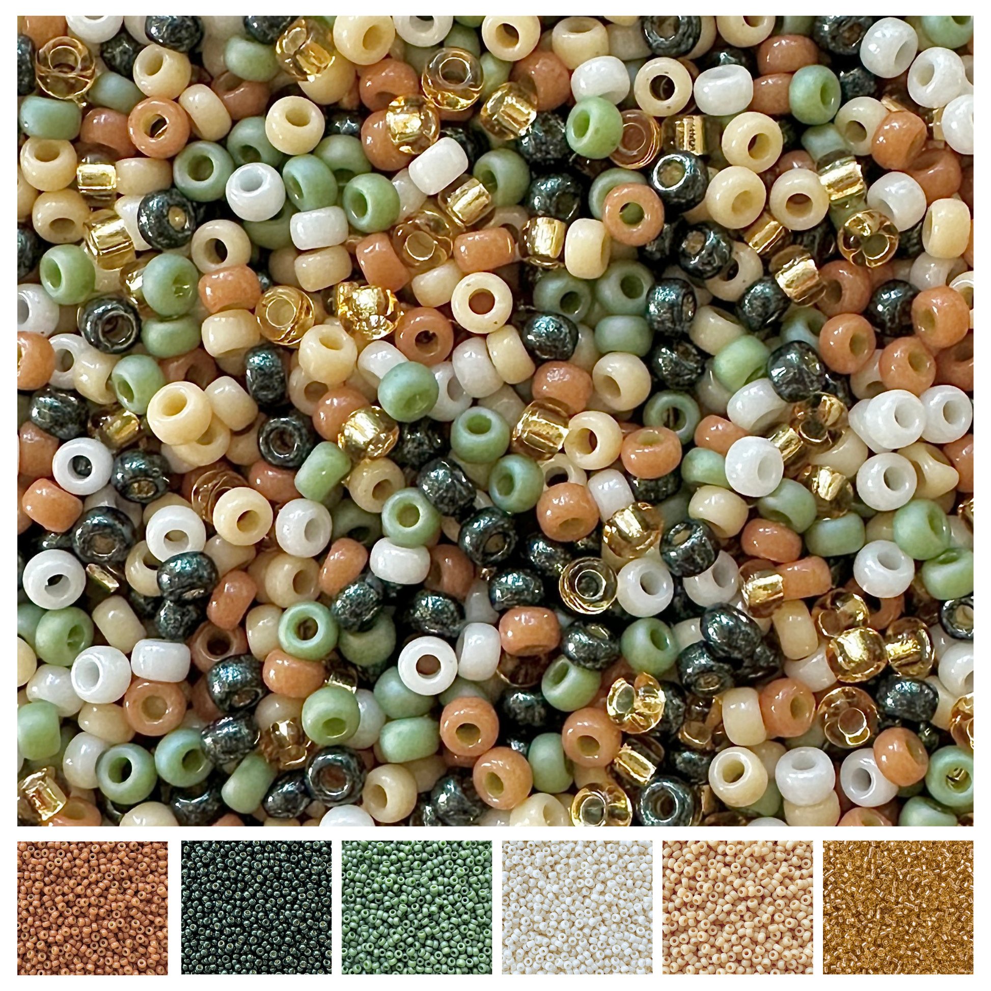 Mix of Miyuki seed beads in shades of green, gold, cream, brown, and white with color swatches at the bottom.