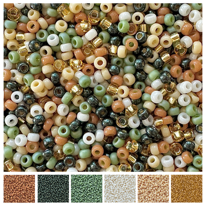 Mix of Miyuki seed beads in shades of green, gold, cream, brown, and white with color swatches at the bottom.