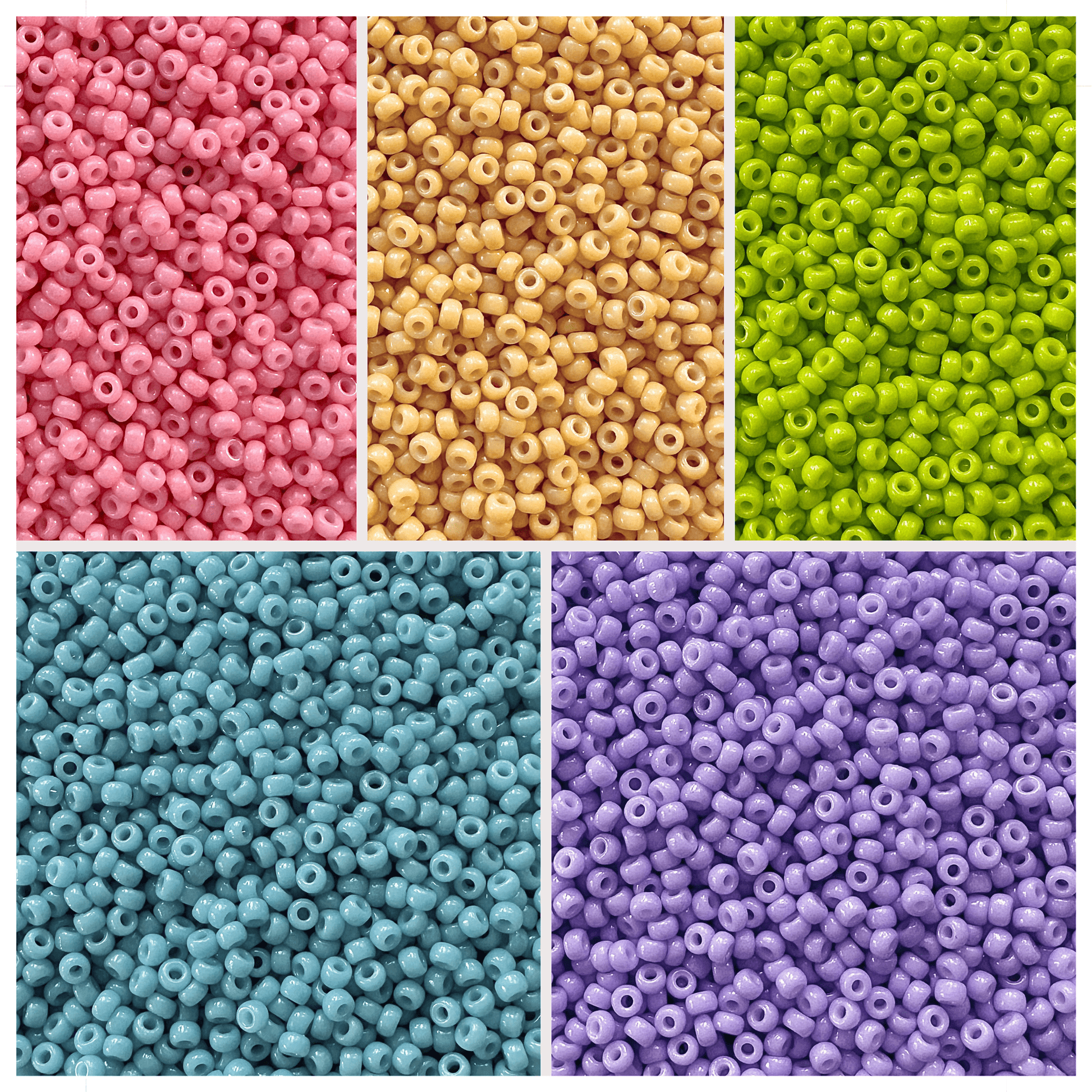 Rainbow Sherbet Miyuki Bead Color Palette featuring pink, yellow, green, blue, and purple seed beads.