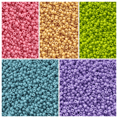 Rainbow Sherbet Miyuki Bead Color Palette featuring pink, yellow, green, blue, and purple seed beads.