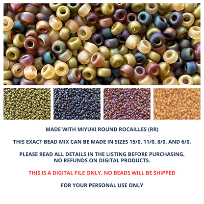 Mix of Miyuki seed beads in shades of shades of green and iridescent black and topaz with color swatches and product details.
