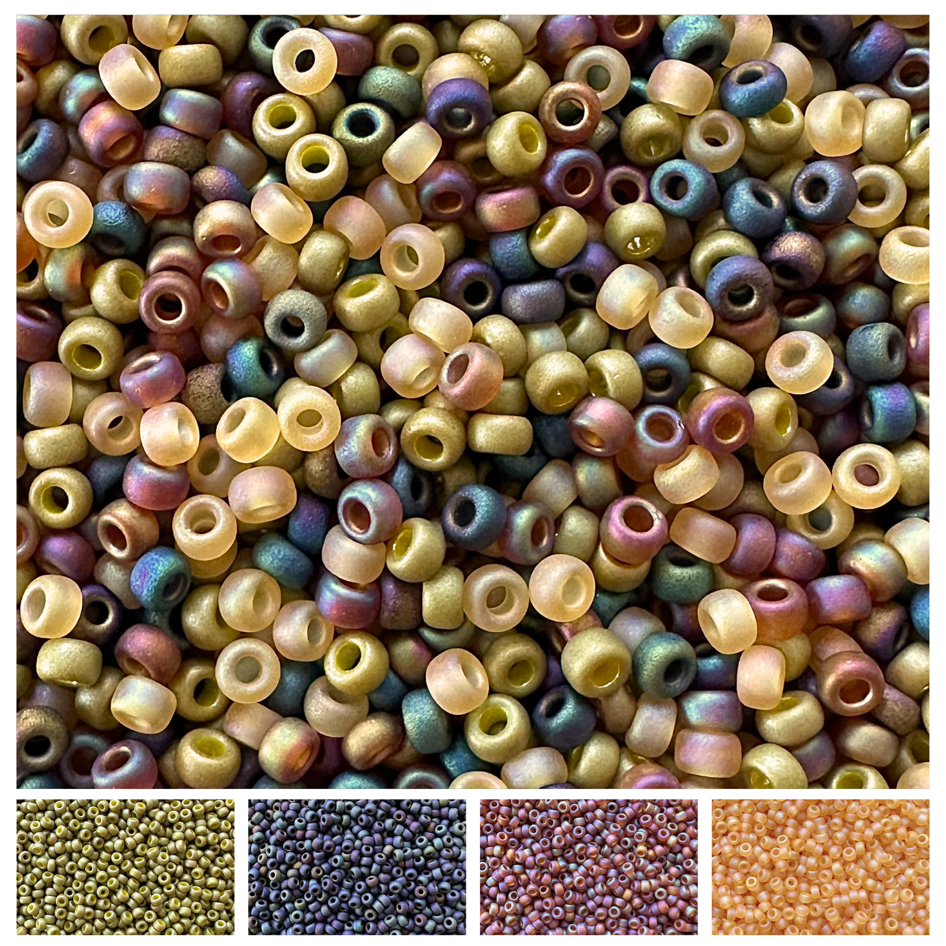 Mix of Miyuki seed beads in shades of green and iridescent black and topaz with color swatches at the bottom.
