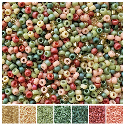Mix of Miyuki seed beads in shades of green, red, peach, cream and gold with color swatches at the bottom.