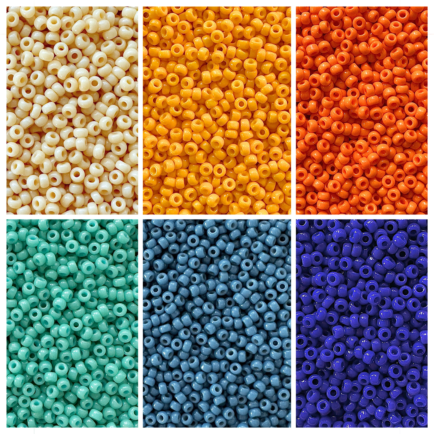 Miyuki seed beads in shades of blue, turquoise, orange, and cream.