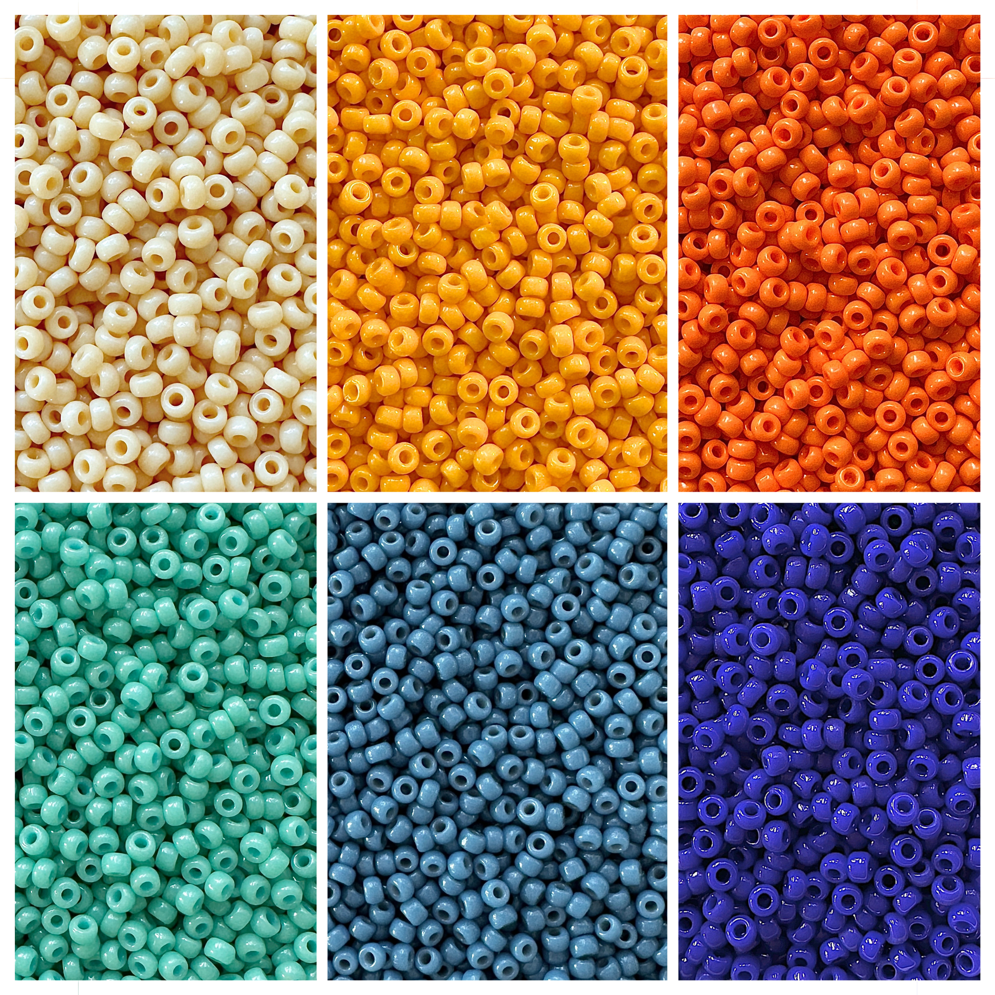 Miyuki seed beads in shades of blue, turquoise, orange, and cream.