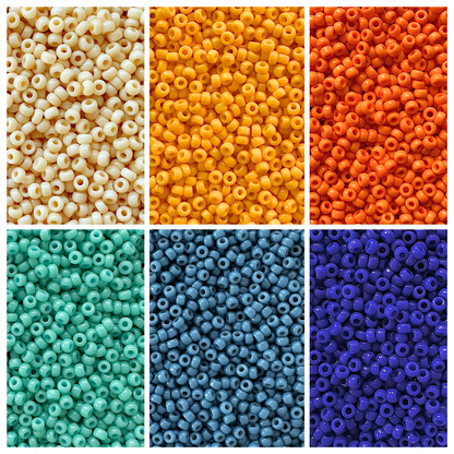 Miyuki seed beads in shades of blue, turquoise, orange, and cream.