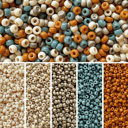 A mix of Miyuki seed beads in shades of sandy neutrals, ocean blue, and sienna on top with the colors displayed individually at the bottom.