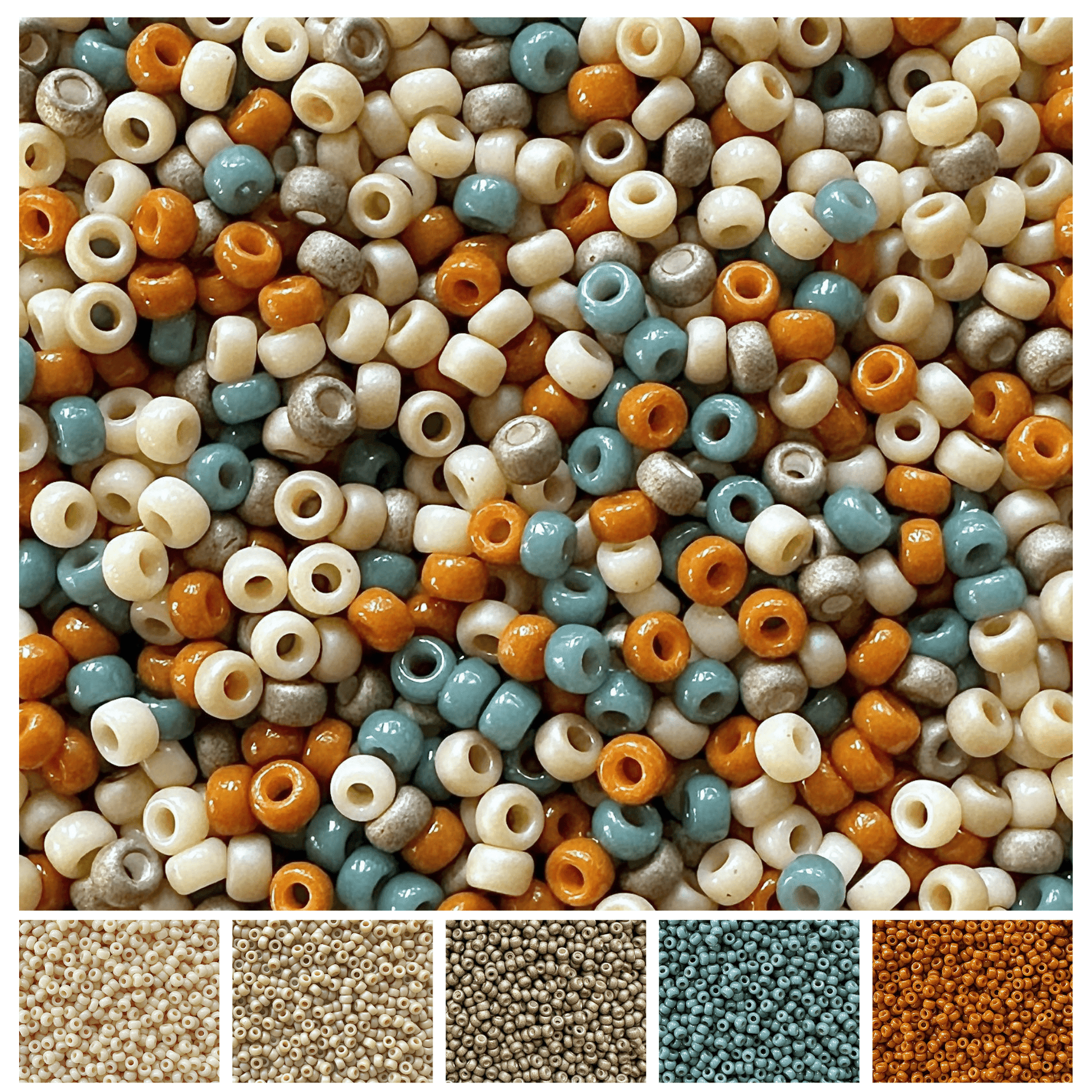 Mix of Miyuki seed beads in shades of sandy neutrals, ocean blue, and sienna.