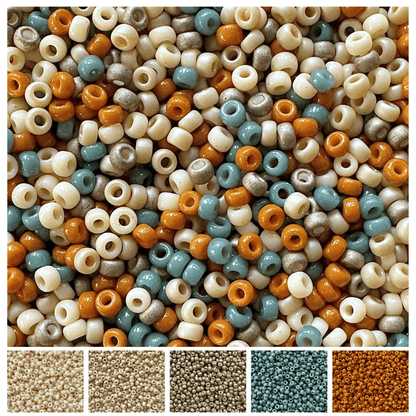 Mix of Miyuki seed beads in shades of sandy neutrals, ocean blue, and sienna.