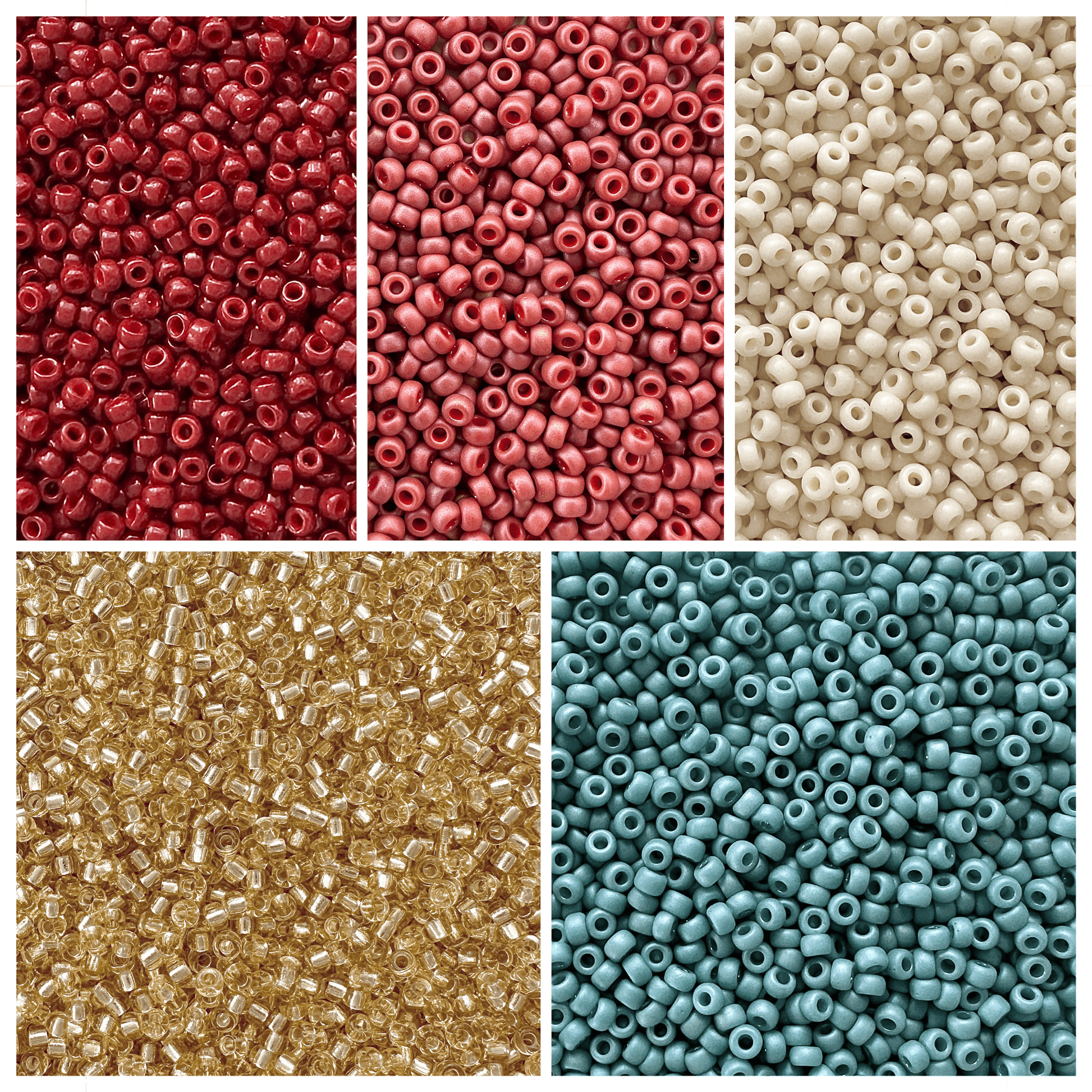 Miyuki seed beads in shades of red, turquoise, cream, and gold for a Rustic Charm Miyuki Bead Color Palette.