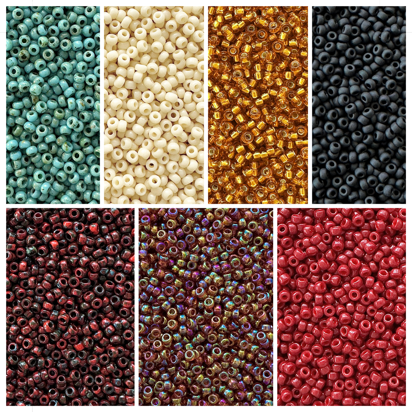 Mix of Miyuki seed beads in shades of teal, cream, gold, black, red, brown with color swatches and product details.