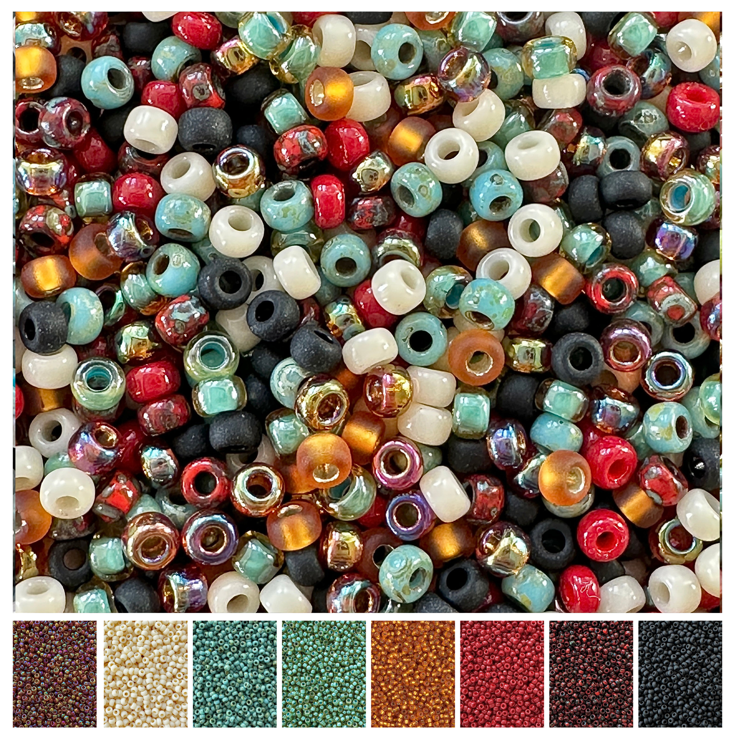 Mix of Miyuki seed beads in shades of red, black, green, gold, and white with color swatches at the bottom.