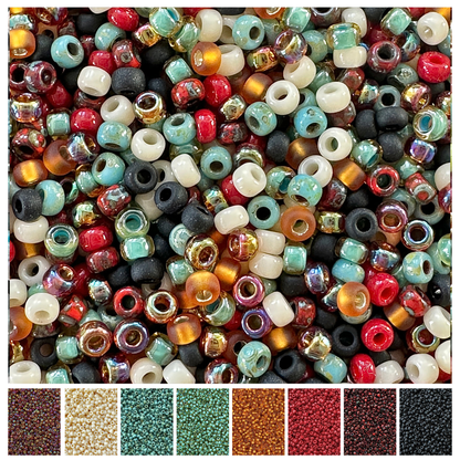 Mix of Miyuki seed beads in shades of red, black, green, gold, and white with color swatches at the bottom.