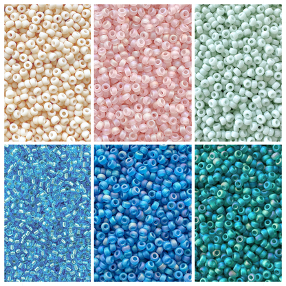 Miyuki seed beads in shades of blue, teal, mint, cream, and pink.