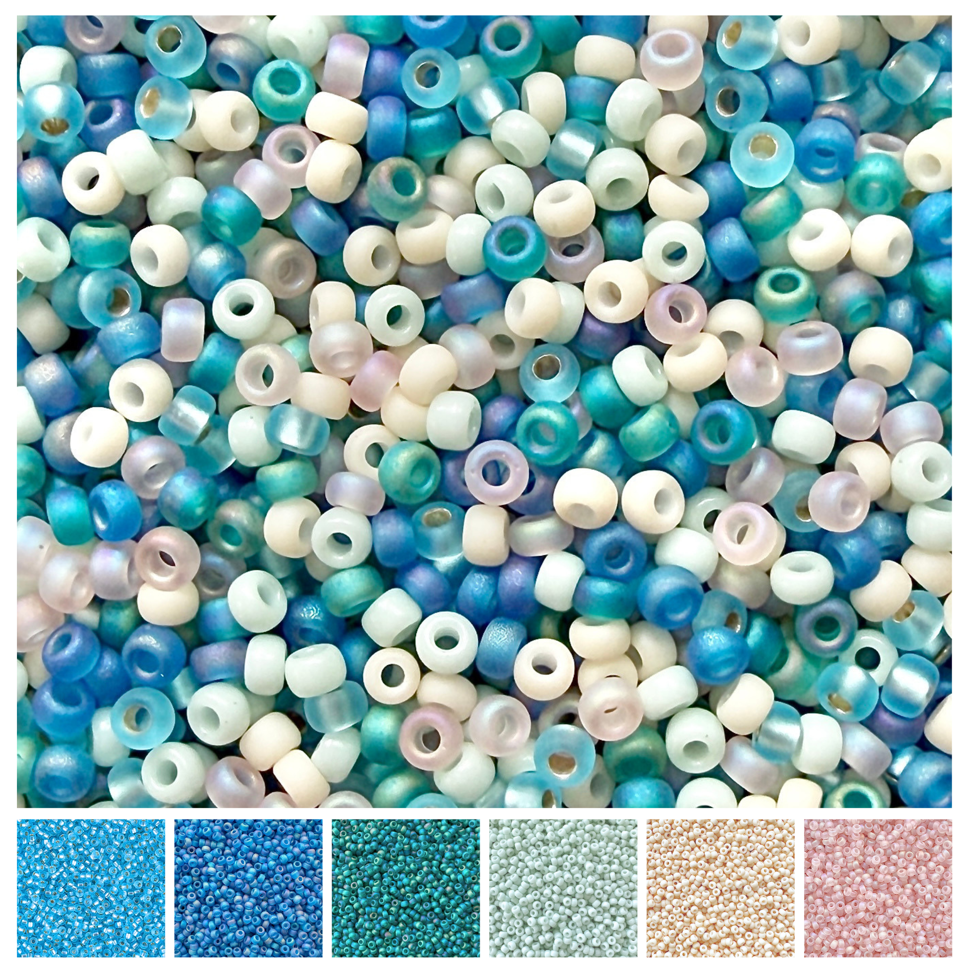 Mix of Miyuki seed beads in shades of blue, teal, mint, cream, and pink with color swatches at the bottom.