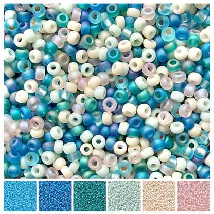 Mix of Miyuki seed beads in shades of blue, teal, mint, cream, and pink with color swatches at the bottom.