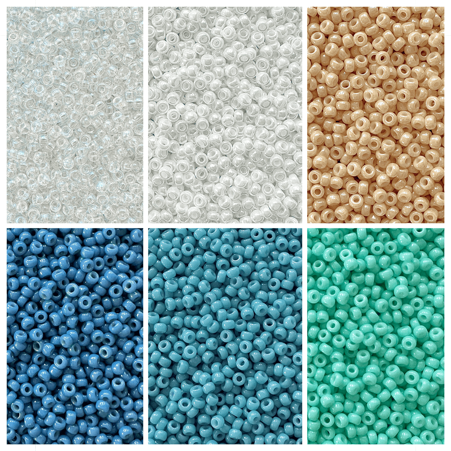 Seaside Miyuki Bead Color Palette featuring clear, white, tan, and shades of blue and green rounded seed beads.