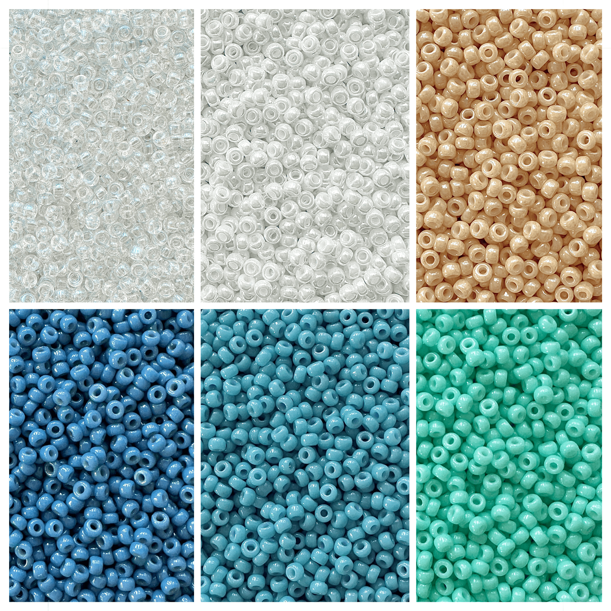 Seaside Miyuki Bead Color Palette featuring clear, white, tan, and shades of blue and green rounded seed beads.