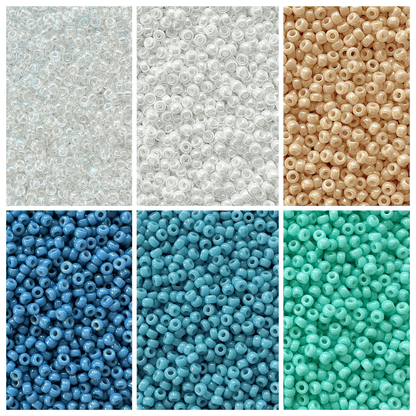 Seaside Miyuki Bead Color Palette featuring clear, white, tan, and shades of blue and green rounded seed beads.