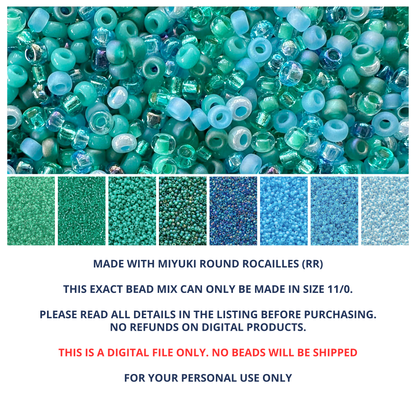 Mix of Miyuki seed beads in shades of teal, turquoise, and blue with color swatches at the bottom.
