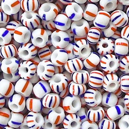White, Blue & Orange Red 6/0 Czech Striped Seed Bead Mix (100g) - The Bead Mix